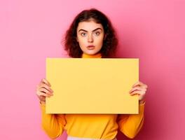 gracioso mulher mãos segurando papel quadro, Armação ai gerado foto