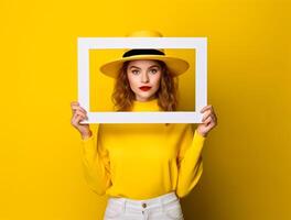 feminino mãos segurando esvaziar quadro, Armação ai gerado foto