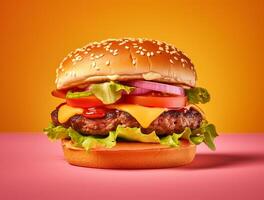 frente Visão saboroso carne hamburguer com queijo e salada em Sombrio fundo ai gerado foto