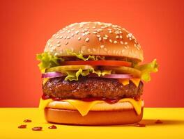 frente Visão saboroso carne hamburguer com queijo e salada em Sombrio fundo ai gerado foto