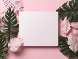 em branco papel com tropical folhas e flores plano deitar, topo visualizar, cópia de espaço ai gerado foto