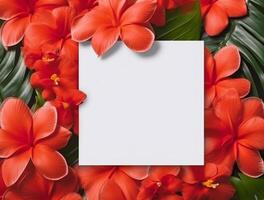 em branco papel com tropical folhas e flores plano deitar, topo visualizar, cópia de espaço ai gerado foto