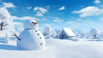 alegre Natal e feliz Novo ano conceito. feliz boneco de neve em pé dentro Natal paisagem, neve cair, generativo ai foto