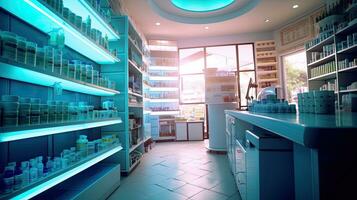farmacia interior, remédio gabinete e loja remédio e farmacia farmácia para embaçado fundo. generativo ai foto