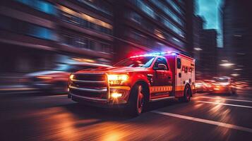 uma médico emergência ambulância dirigindo durante tráfego geléia em cidade estrada. pressa hora conceito. ambulância. generativo ai foto