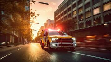 uma médico emergência ambulância dirigindo durante tráfego geléia em cidade estrada. pressa hora conceito. ambulância. generativo ai foto