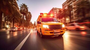 uma médico emergência ambulância dirigindo durante tráfego geléia em cidade estrada. pressa hora conceito. ambulância. generativo ai foto