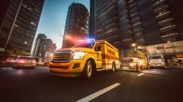 uma médico emergência ambulância dirigindo durante tráfego geléia em cidade estrada. pressa hora conceito. ambulância. generativo ai foto