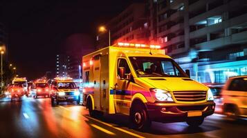 uma médico emergência ambulância dirigindo durante tráfego geléia em cidade estrada. pressa hora conceito. ambulância. generativo ai foto