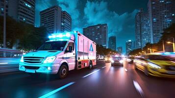 uma médico emergência ambulância dirigindo durante tráfego geléia em cidade estrada. pressa hora conceito. ambulância. generativo ai foto