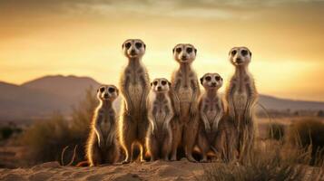 grupo do suricatos em pé com uma deserto panorama e distante montanhas. generativo ai foto