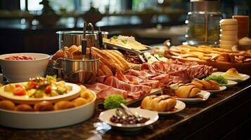 bufê conceito, café da manhã Tempo dentro luxo hotel, Escovar com família dentro restaurante. generativo ai foto