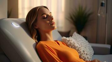 uma lindo jovem mulher relaxado sereno em confortável sofá mãos atrás cabeça descansar com ar purificador às lar. generativo ai foto