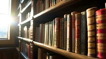 livros dentro estante, dentro público biblioteca. generativo ai foto