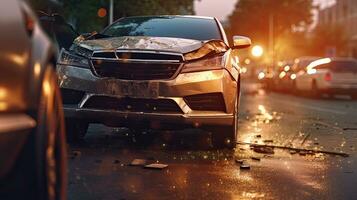 fechar acima do carro acidente em a estrada. generativo ai foto