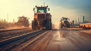 asfalto estrada construção. estrada trabalhadores e construção maquinaria em a construção local. generativo ai foto