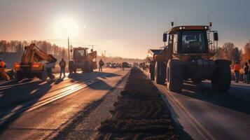 asfalto estrada construção. estrada trabalhadores e construção maquinaria em a construção local. generativo ai foto