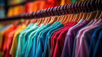 vestuário pano, colorida t camisas em cabides. generativo ai foto