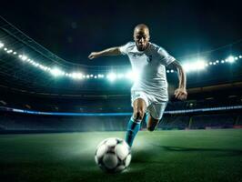 profissional futebol ou futebol jogador dentro açao em estádio com lanternas, chutando bola para ganhando meta. futebol. generativo ai. foto