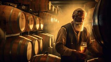 uma cervejeiro trabalhando e inspeciona carvalho barris para fermentação dentro a cervejaria. generativo ai foto