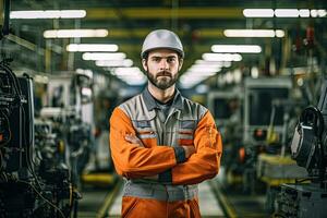 uma masculino trabalhador vestem uma protetora uniforme habilmente operativo alta tecnologia maquinaria dentro uma moderno automotivo fabricação. generativo ai foto