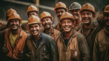 grupo do feliz trabalhadores às construção local. generativo ai foto