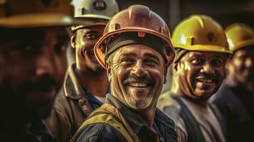 feliz do trabalho em equipe construção trabalhadores às construção local. generativo ai foto