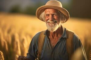 sorridente Senior agricultor dentro dourado trigo campo. foto