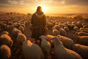 uma Bíblia Jesus pastor com dele rebanho do ovelha durante pôr do sol. generativo ai foto