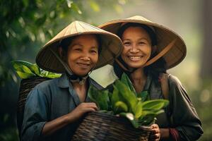 feliz vietnamita fêmea agricultores dentro a café plantação. generativo ai foto