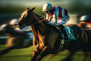 raça cavalos, raça cavalos com jóqueis com movimento borrão. disputando para a ganhar dentro a hipódromo. generativo ai foto