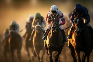 raça cavalos, raça cavalos com jóqueis com movimento borrão. disputando para a ganhar dentro a hipódromo. generativo ai foto