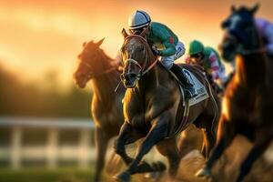 raça cavalos, raça cavalos com jóqueis com movimento borrão. disputando para a ganhar dentro a hipódromo. generativo ai foto