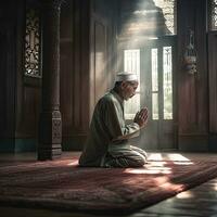 uma religioso muçulmano homem Rezar dentro a mesquita. muçulmano. generativo ai foto