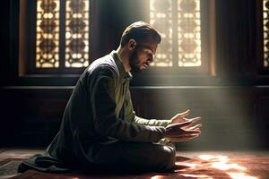 uma religioso muçulmano homem Rezar dentro a mesquita. muçulmano. generativo ai foto