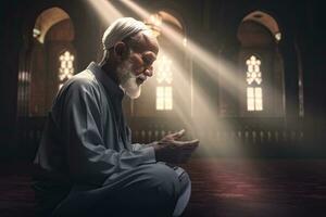Senior religioso muçulmano homem Rezar às lar. muçulmano. generativo ai foto