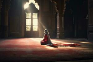 uma religioso muçulmano mulher Rezar dentro a mesquita. muçulmano. generativo ai foto