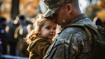 afetuoso militares reunião entre pai e filha, pai abraçando criança. generativo ai. foto