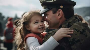 afetuoso militares reunião entre pai e filha, pai abraçando criança. generativo ai. foto