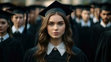 uma jovem fêmea sorridente graduado contra a fundo do universidade graduados. generativo ai foto