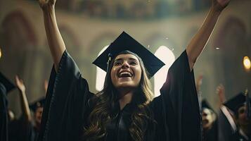 uma jovem mulher aluna mãos acima a comemorar universidade diplomado. generativo ai foto