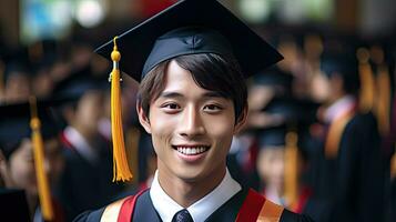 ásia jovem masculino sorridente graduado contra a fundo do universidade graduados. foto