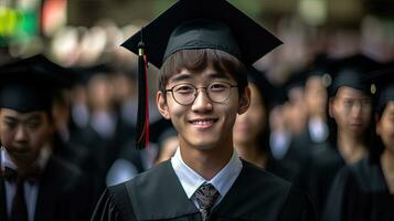 ásia jovem masculino sorridente graduado contra a fundo do universidade graduados. foto