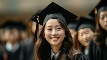 ásia jovem masculino sorridente graduado contra a fundo do universidade graduados. foto