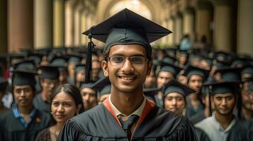 feliz indiano masculino graduado contra a fundo do universidade graduados. generativo ai foto