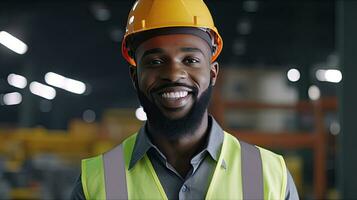 retrato do Preto pessoas masculino engenheiro dentro segurança colete e capacete. profissional Preto pessoas homem trabalhando dentro a moderno fabricação fábrica. generativo ai foto