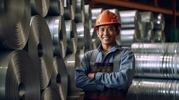 retrato do sorridente trabalhador com rolos do galvanizado aço Folha dentro a fábrica ou armazém. generativo ai foto