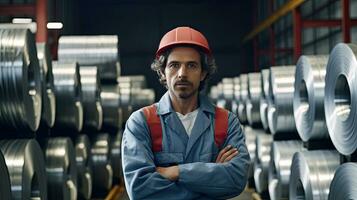 retrato do trabalhador com rolos do galvanizado aço Folha dentro a fábrica ou armazém. generativo ai foto