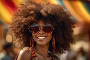 lindo africano americano menina com a afro Penteado sorridente. generativo ai foto