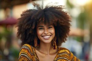 lindo africano americano menina com a afro Penteado sorridente. generativo ai foto